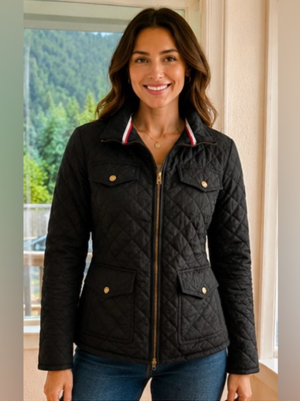 Tommy Hilfiger Black Quilted Utility Jacket with Gold Hardware